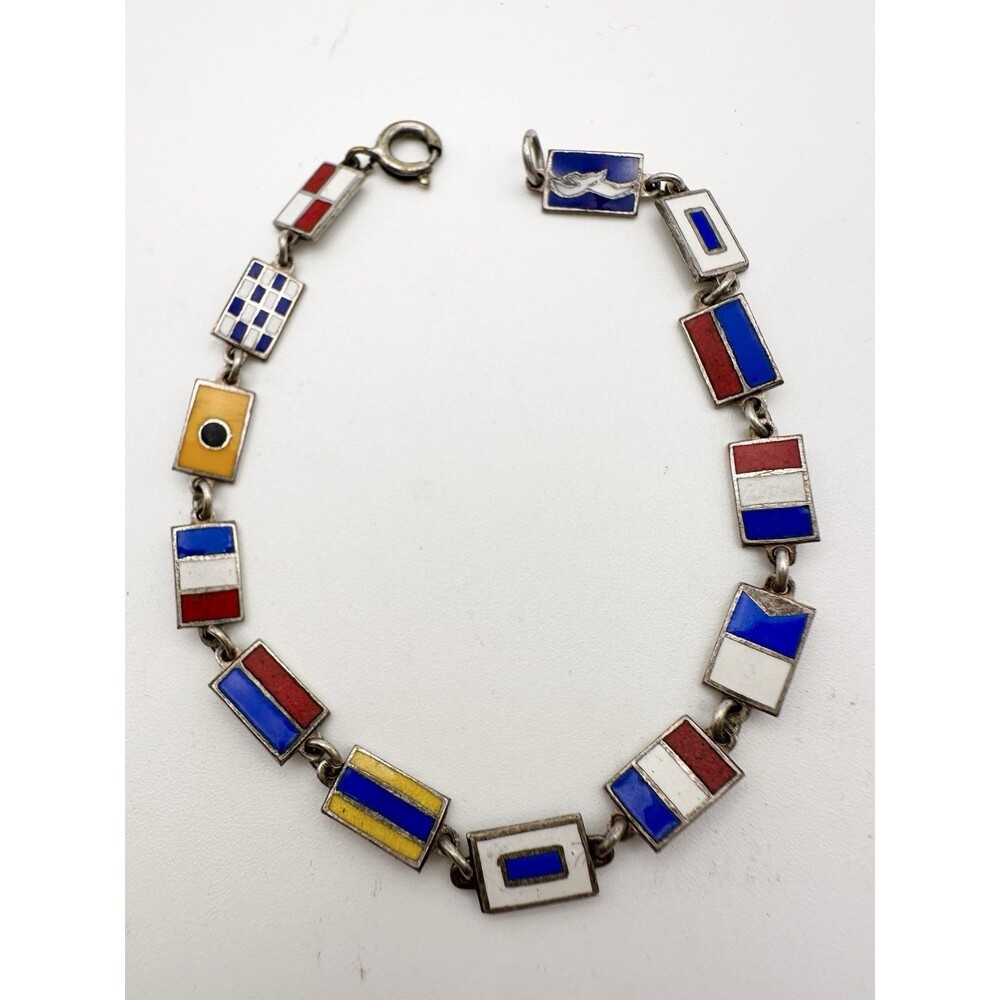 Vintage Enamel Nautical Signal Flag Charm Bracelet 7”